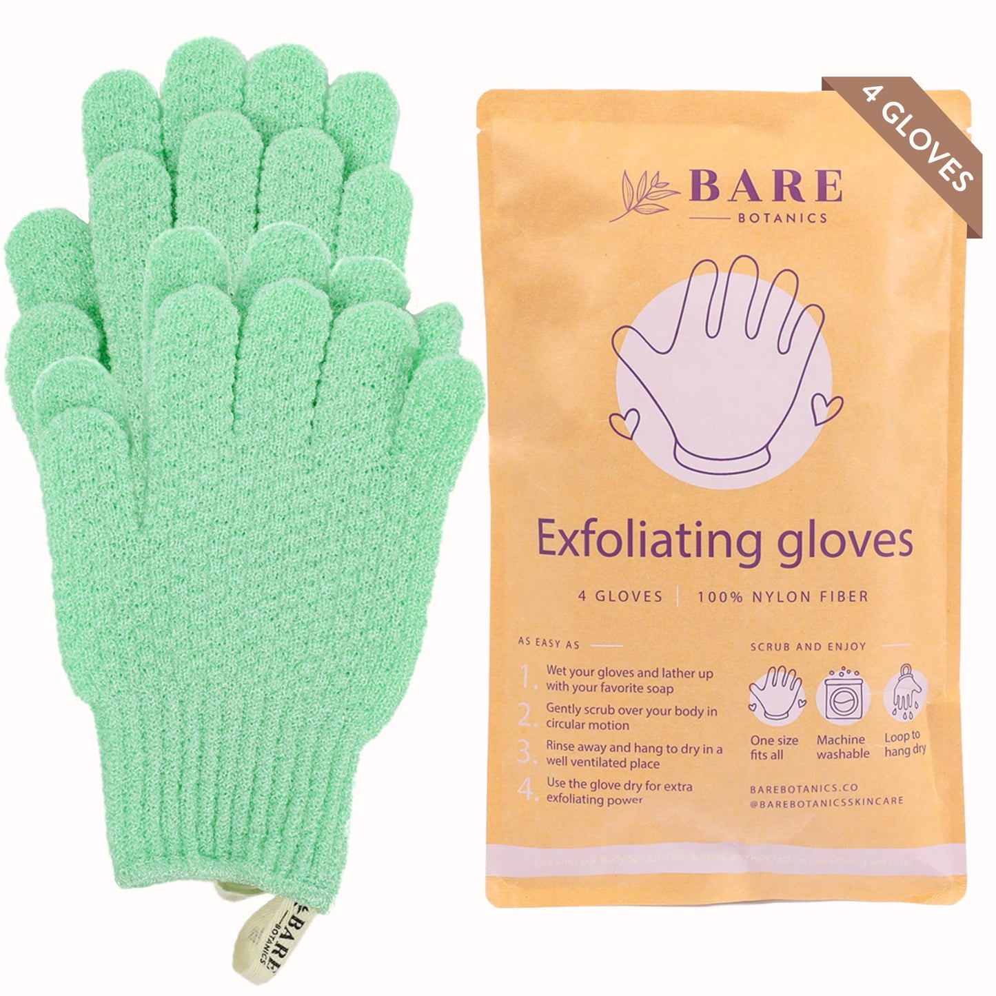 Bare Botanics 4 Pack Gray Exfoliating Gloves for Shower | 100% Nylon Fibers | Exfoliating Bath Gloves for Shower Exfoliating | Shower Gloves & Dead Skin Remover for Body | Wet & Dry Exfoliating Glove