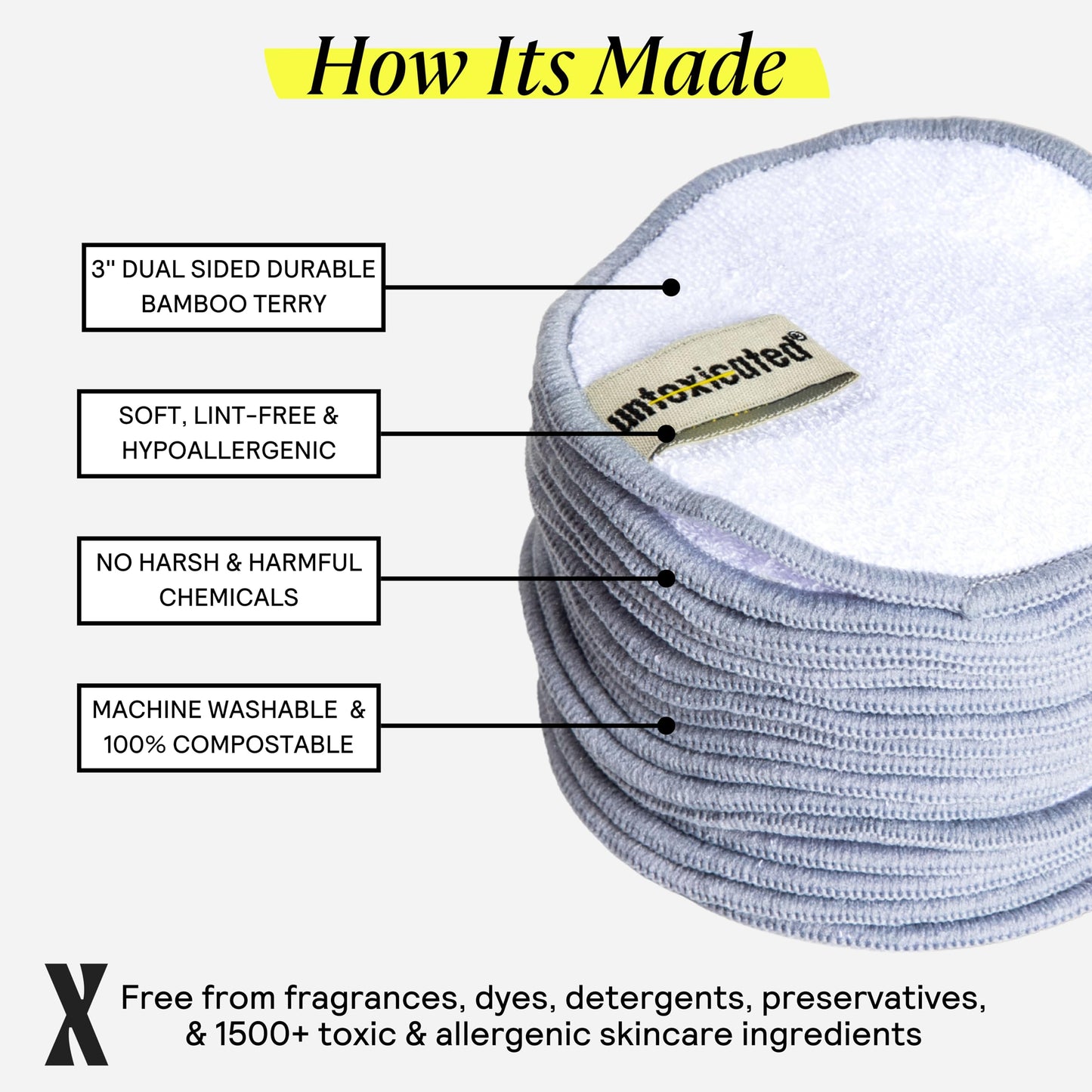 Untoxicated Ultra Soft Cleansing Pads - Double-Layered Reusable Bamboo Terry Rounds - Makeup Removal & Skincare for Sensitive Skin - Soft & Durable - Includes Washable Storage Bag - 10CT