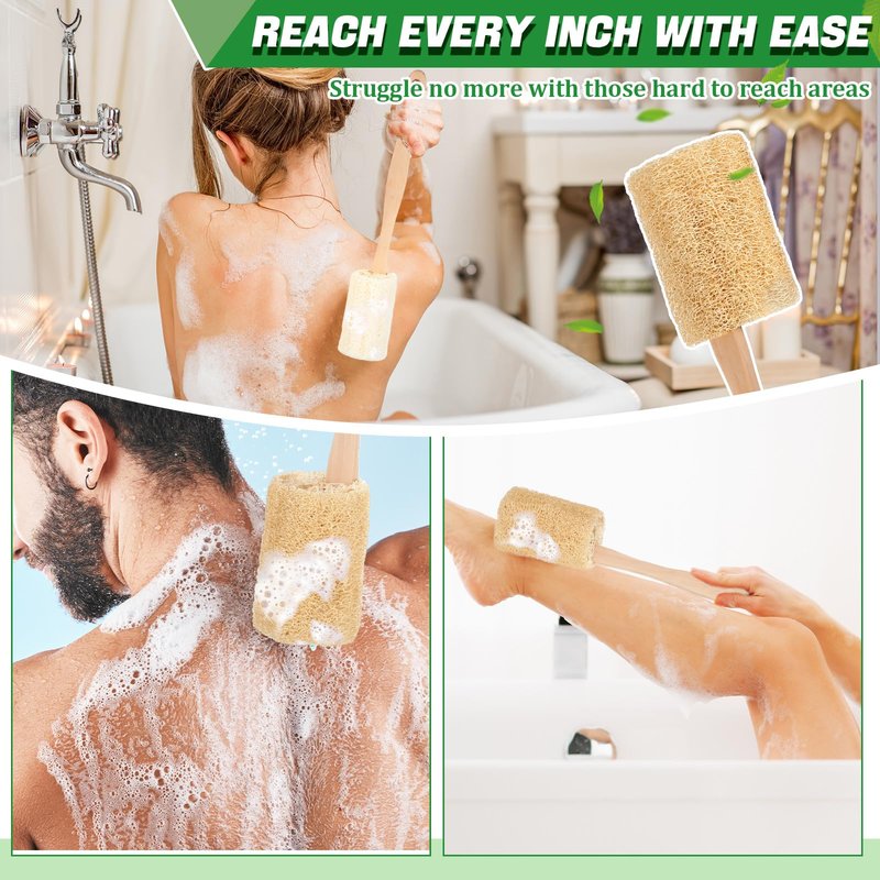 Bokon 4 Pack Natural Exfoliating Loofah Bath Back Brush Loofah Back Scrubber Long Handle for Shower Exfoliating Body Scrubber Luffa Sponge on a Stick for Men and Women, Cleans Hard to Reach Areas