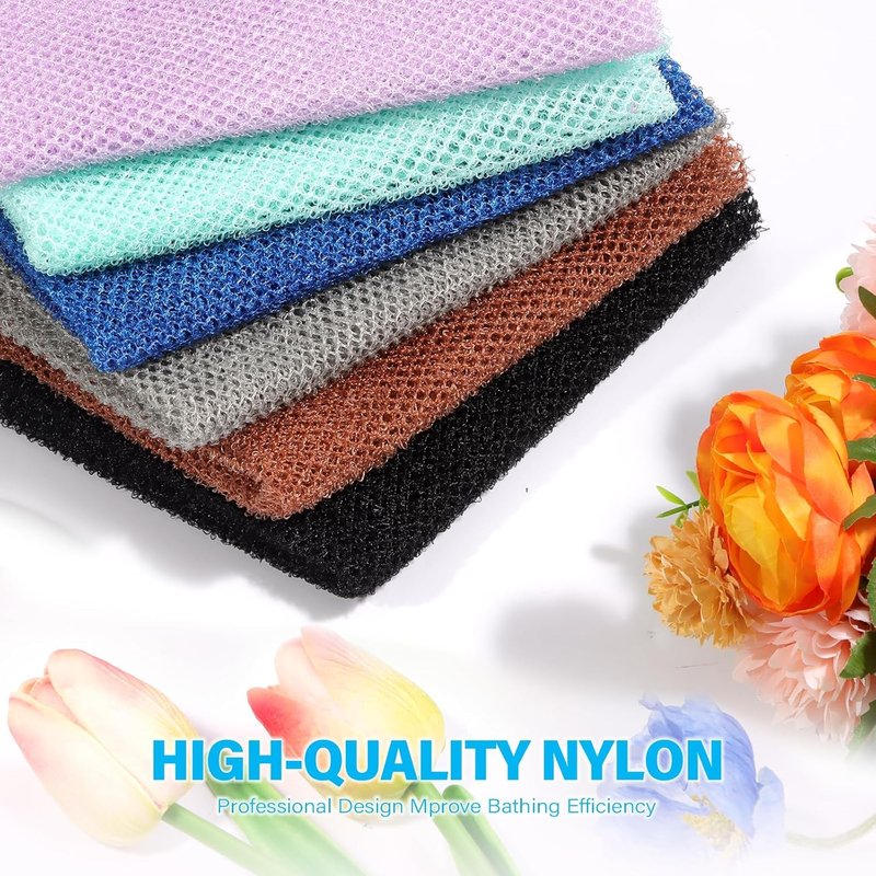 African Bath Sponge Set - 6 Exfoliating Net Body Scrubbers for Daily Use | Purple, Gray, Blue, Black, Brown, Green