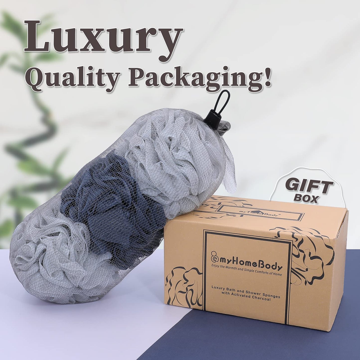 myHomeBody Large 70g Loofah Sponge, Body Scrubber, Bath Sponge, Loofah for Women, Men, Exfoliating Sponge Shower Pouf with Activated Charcoal - 2 Fog Gray + 1 Midnight Blue, 3 Pack