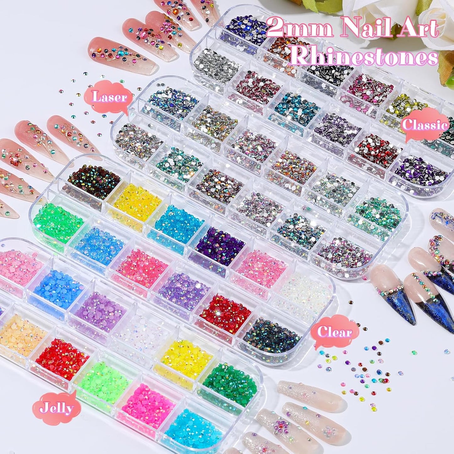 Skiennix Nail Art Rhinestones Kit - 6 Boxes of 2mm Mixed-Color Flatback Pearls with Tweezers & Brush
