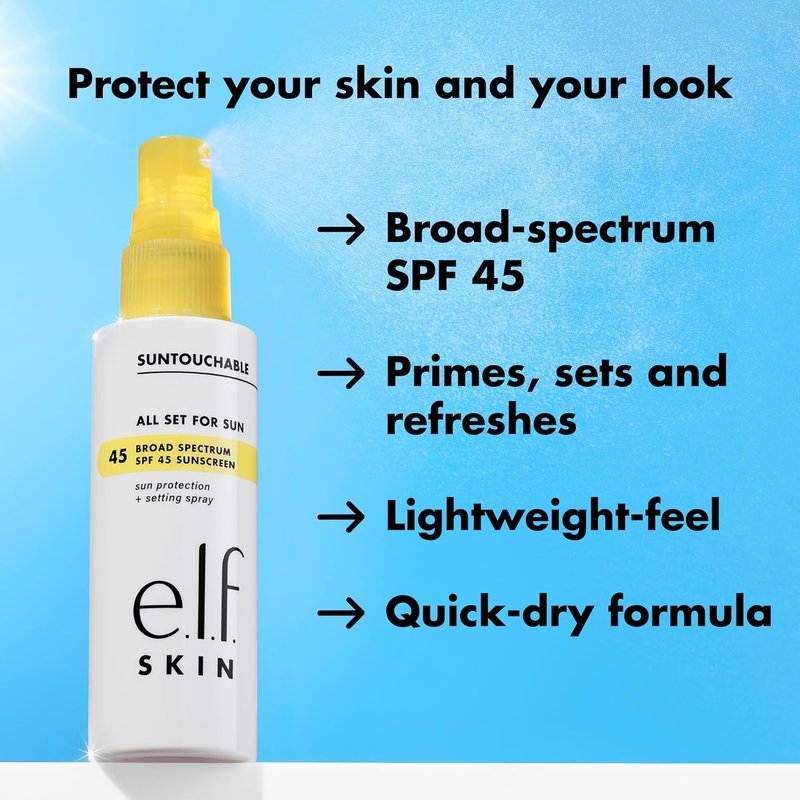 e.l.f. SKIN All Set For Sun SPF 45 Setting Spray - Clear Makeup Mist & Sunscreen, Vegan & Cruelty-Free Face Protection