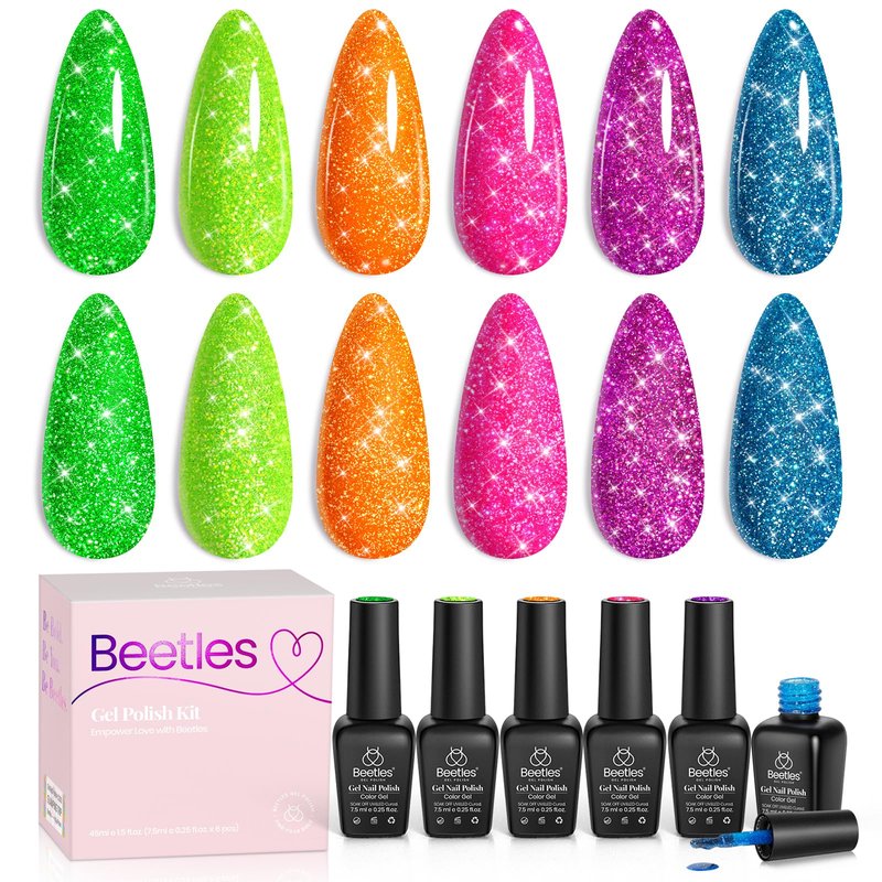 beetles Glitter Gel Nail Polish Set - Neon Carnival Reflective Summer Gel Polish, 6 Colors Pink Green Purple Blue Bright Sparkly Gel Nails Soak Off Uv Led Salon Gift for Women