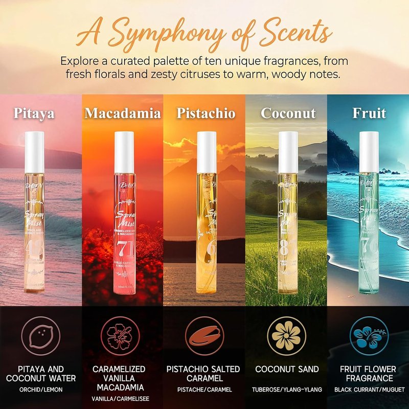 Hair Perfume Fragrance Mist, Perfume for Women, Travel Size Perfume Set with 10 Scents, Long-Lasting Fresh Fruity Spray, Ideal Gift for Christmas, Valentine’s Day, Mother’s Day