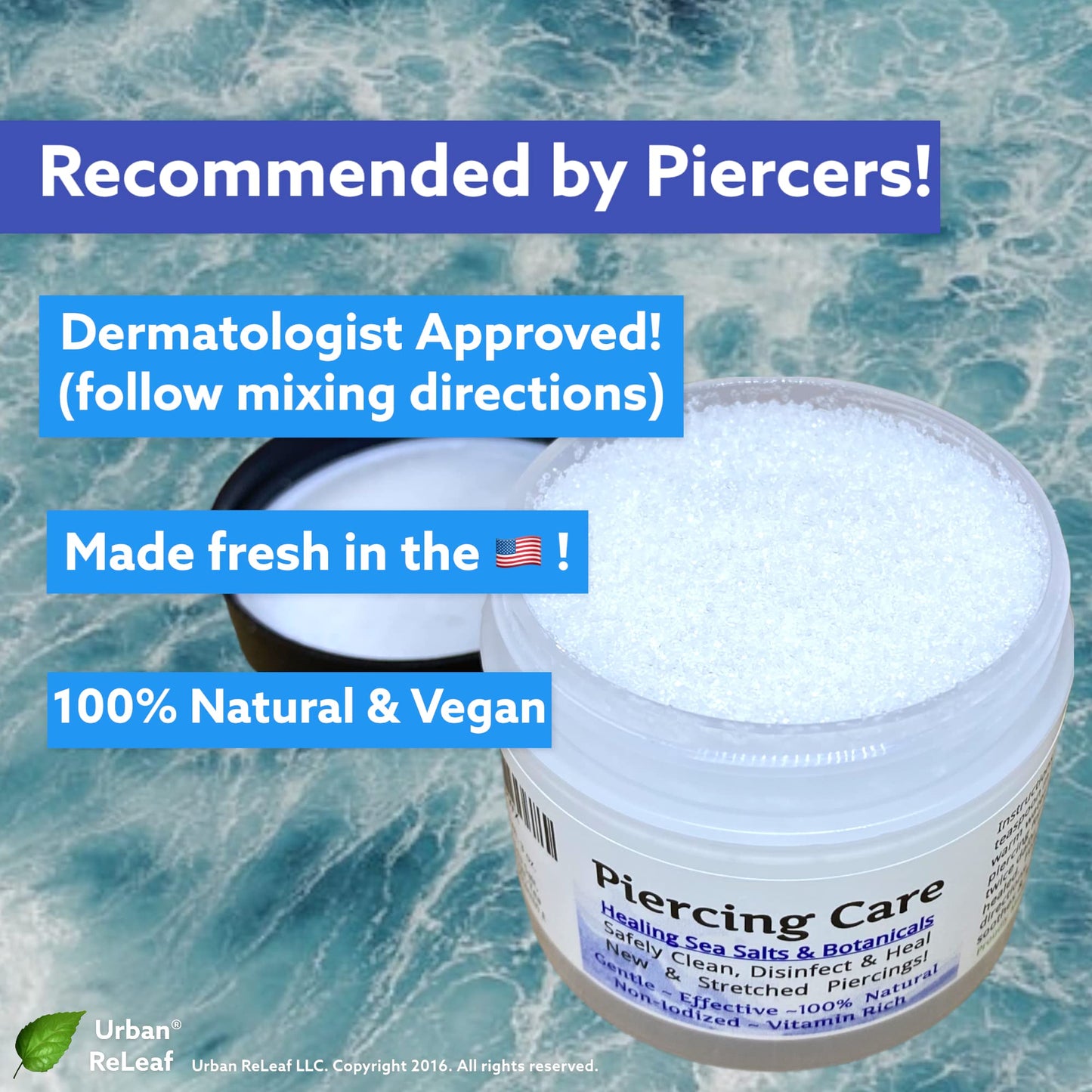 Urban ReLeaf Piercing Care Set of 2 ! Healing Sea Salts, Botanical AFTERCARE ! Safely Clean, Heal New Stretched Piercings. Gentle Effective Non-iodized. Vitamin Rich. Dead Sea Salt & Botanicals
