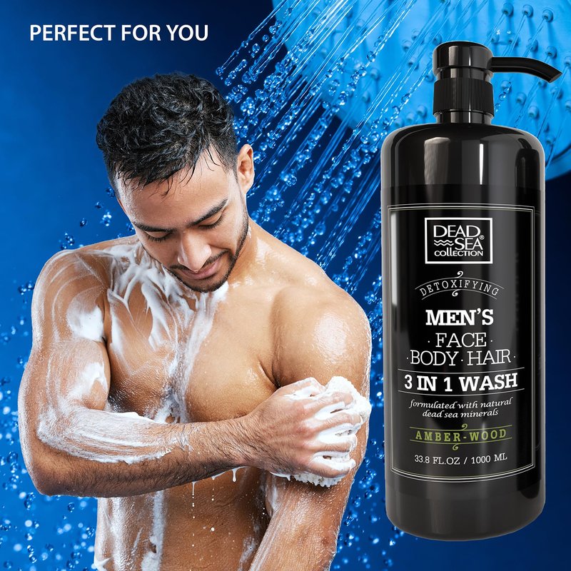 Dead Sea Collection Amber Wood Men’s Body Wash – 3 in 1 Body Wash for Men for Hair, Face & Body – Moisturizing Shower Gel with Dead Sea Minerals – Pack of 2 (33.8 fl oz each)