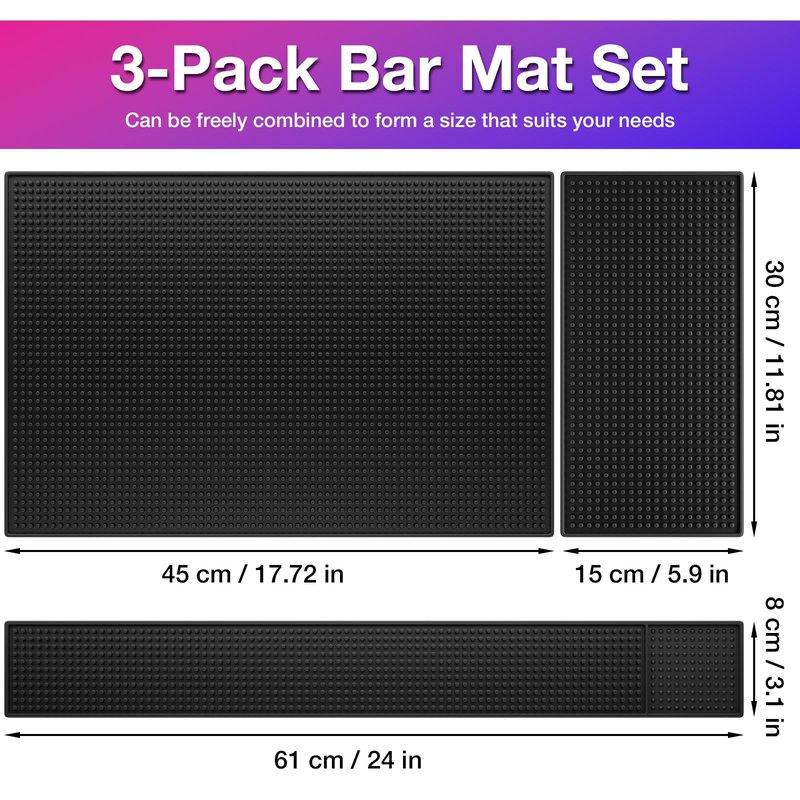 Noverlife 3PCS Black Rubber Bar Service Spill Mat, Barber Station Mat Flexible Bar Mat Set for Countertop, Waterproof Home Bar Mats Restaurant Service Mat Nonslip Drying Mat - 24x3 & 18x12 & 12x6inch