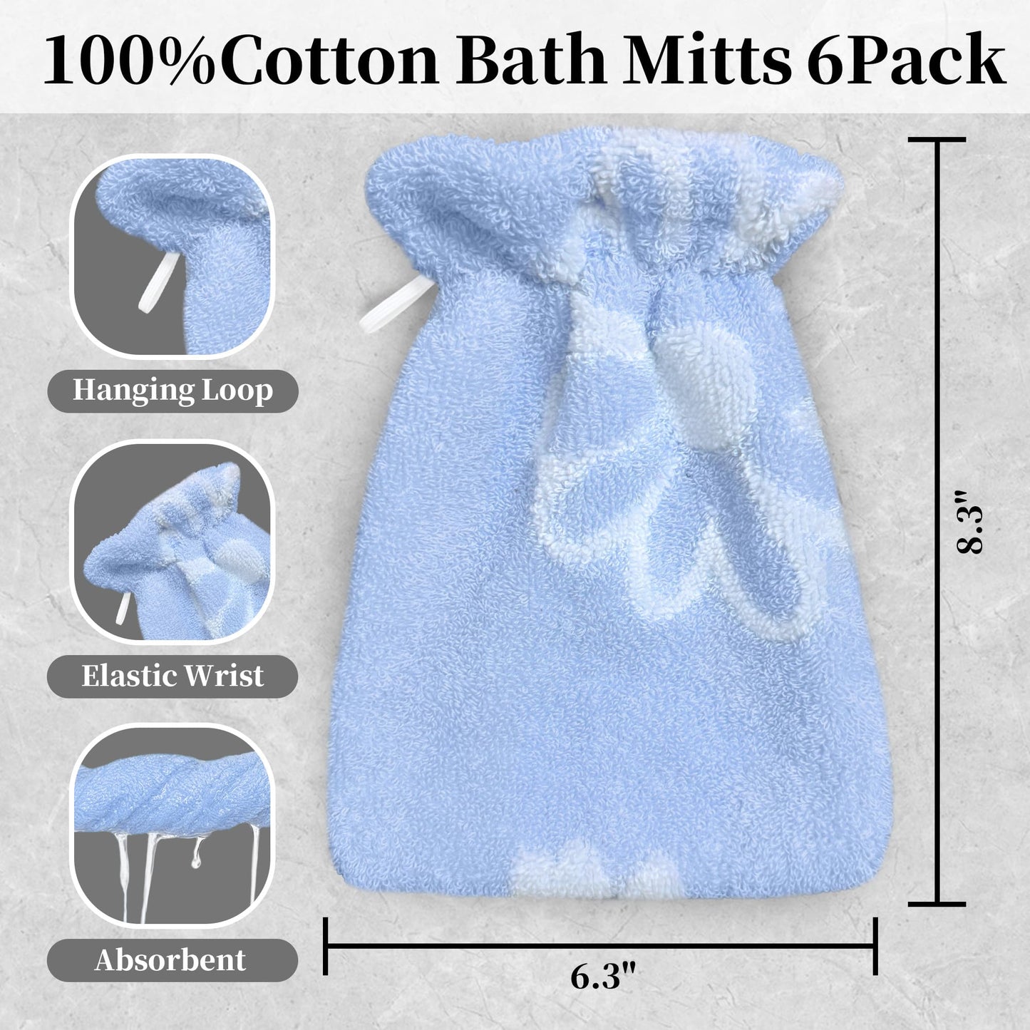 VOOVA & MOVAS Shower Wash Cloth 6-Pack, 100% Cotton Soft Absorbent Bath Mitts with Hanging Loop, 8.3x6.3 Inch European Style Bathing Gloves for Body & Spa, Blue Daisy