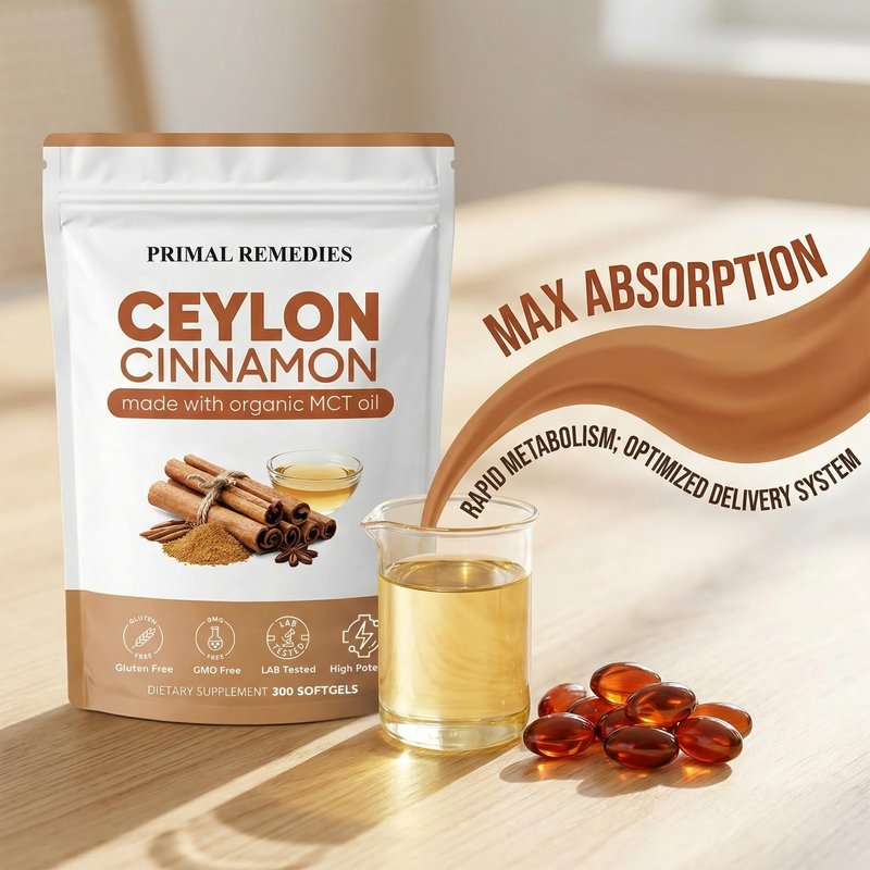 Primal Remedies Ceylon Cinnamon - 300 Softgels with MCT Oil, Highly Bioavailable, Non-GMO, Gluten Free, Vegan Capsules for Metabolism Support