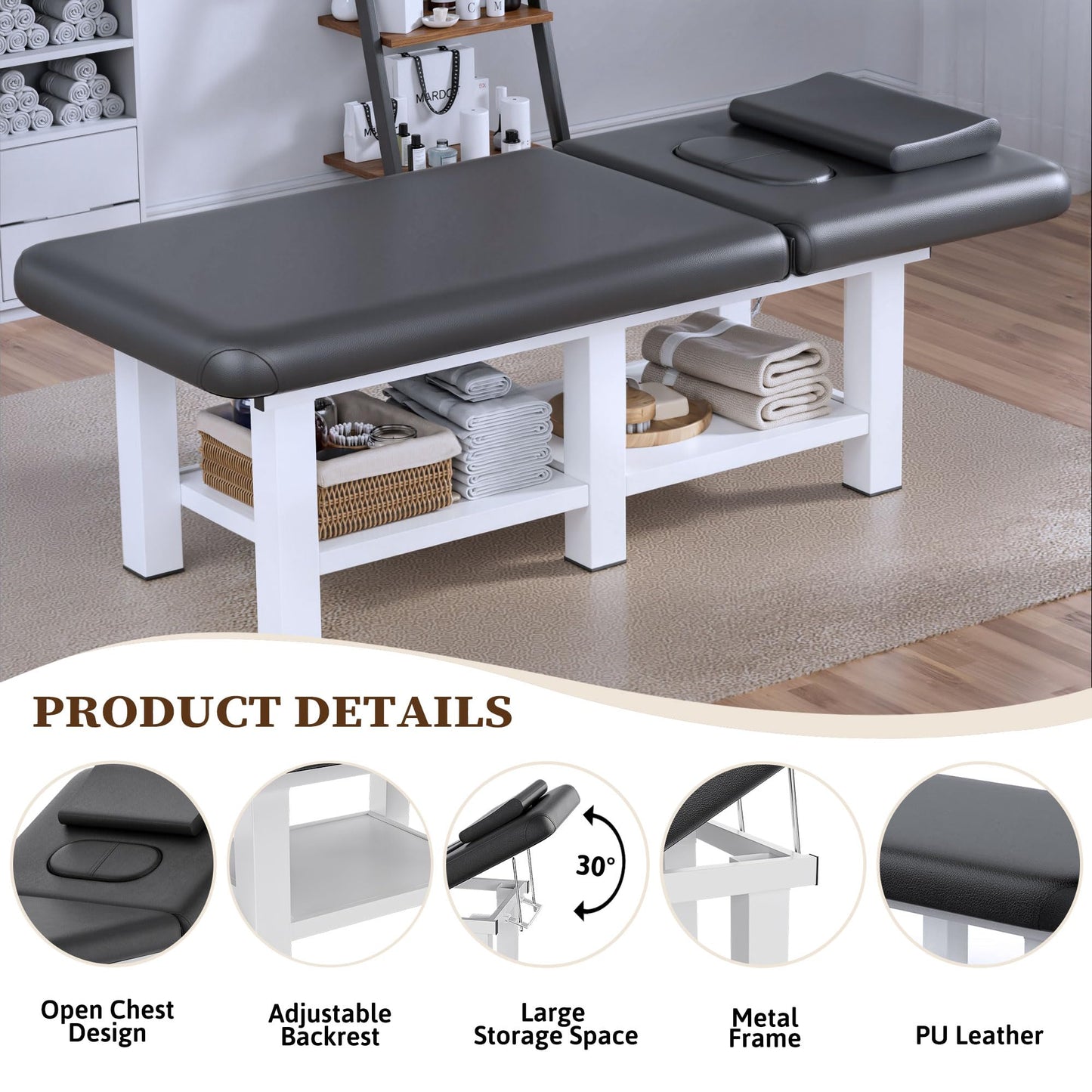 Wide Stationary Massage Table -Professional Massage Table with Adjustable Backrest & Under-Table Storage Space, Treatment Tables with 6 Sturdy Metal Legs and Pu Leather for Physical Therapy, Tattoo