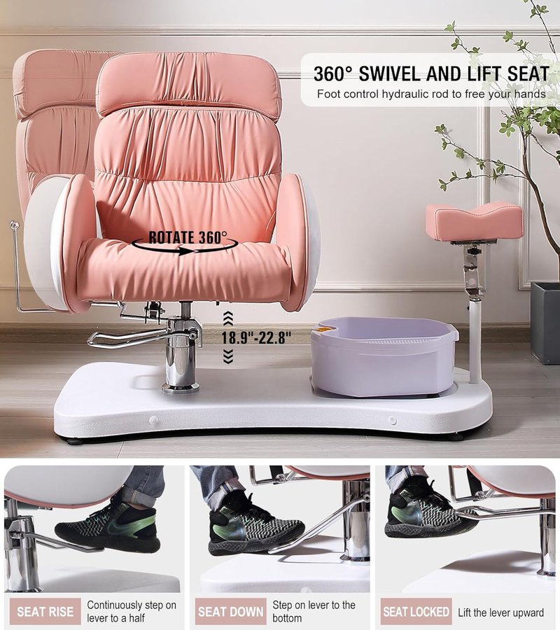 OKAKOPA Pedicure Foot Spa - Hydraulic Chair with 360 Swivel & Reclining Design | No Plumbing, Pink