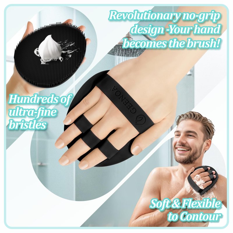 GEENOA Silicone Body & Face Scrubber Set, 360° Anti-Slip & Hand-fit Silicone Shower Scrubber for Rich Foaming Deep Cleaning, Unique Facial Scrubber with Side-bristles for Contoured Areas.(Black)