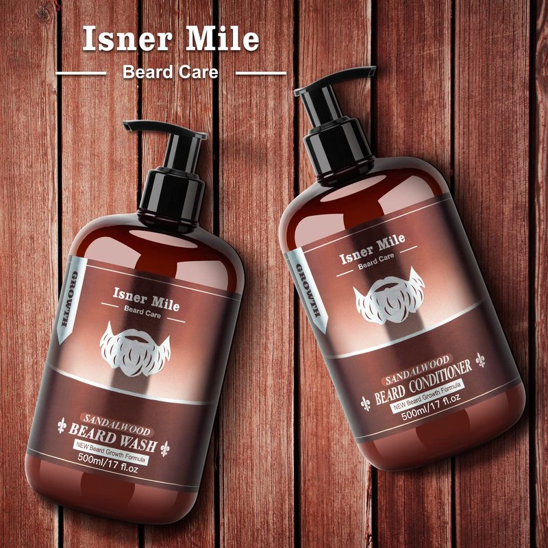 ISNER MILE Beard Wash & Conditioner Set for Men - 17 oz Shampoo with Biotin, Argan & Jojoba Oils for Smooth, Soft, and Strengthened Beard - Sandalwood Scented Grooming Gift