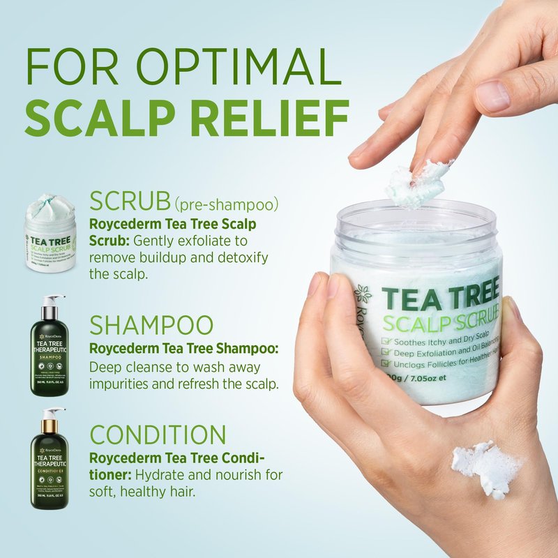 Roycederm Tea Tree Scalp Scrub – Pre-Shampoo Exfoliating Treatment for Dry, Flaky Scalp – Deep Cleansing, Refreshing & Balancing Formula for Healthy-Looking Hair