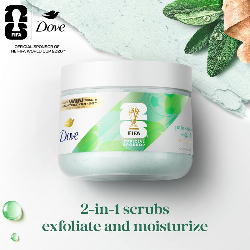 Dove FIFA World Cup 2026 Limited Edition Moisturizing Body Scrub – Palo Santo & Sage Oil, pH‑Balanced Whipped Exfoliator for Hydrated, Radiant Skin, 15 oz