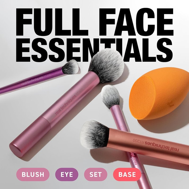 Real Techniques Makeup Brush Set - 6 Essential Brushes & Sponges for Foundation, Blush, Contour | Travel-Friendly, Vegan