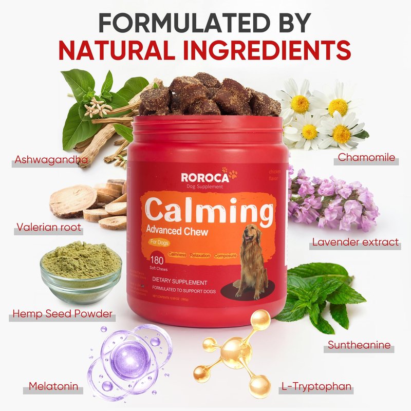 ROROCA Calming Chews for Dogs - Herbal Formula for Dog Anxiety Relief, Long-Lasting 24-Hour Composure&Relaxation,Melatonin for Dogs, Great Value, USA & Globally Sourced Ingredients180 Count