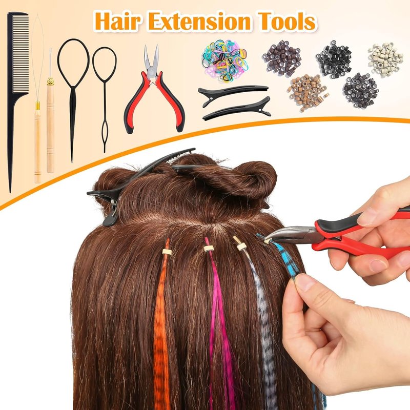 Skiennix 65 Pcs Hair Feather Extensions Kit - 13 Color Long Synthetic Feathers with Microlink Beads for Parties & Festivals
