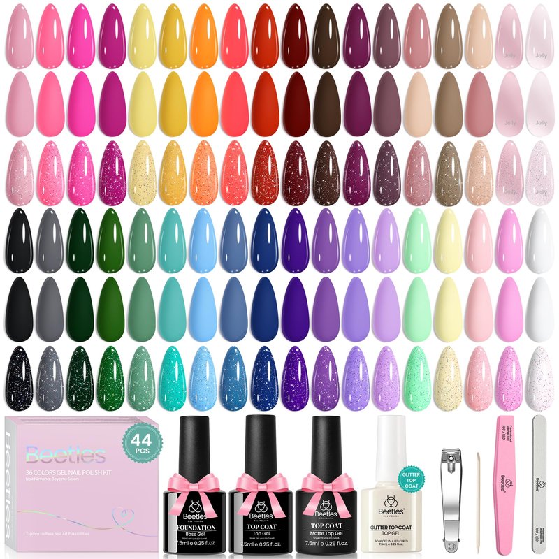 beetles Gel Polish Set Vivid Seasons - Spring Gel Nail Polish Set 36 Colors Pink Yellow Green Purple Jelly Shades 45pcs with Base & Top Coat UV LED Soak Off DIY Salon Summer Gift for Women & Girls