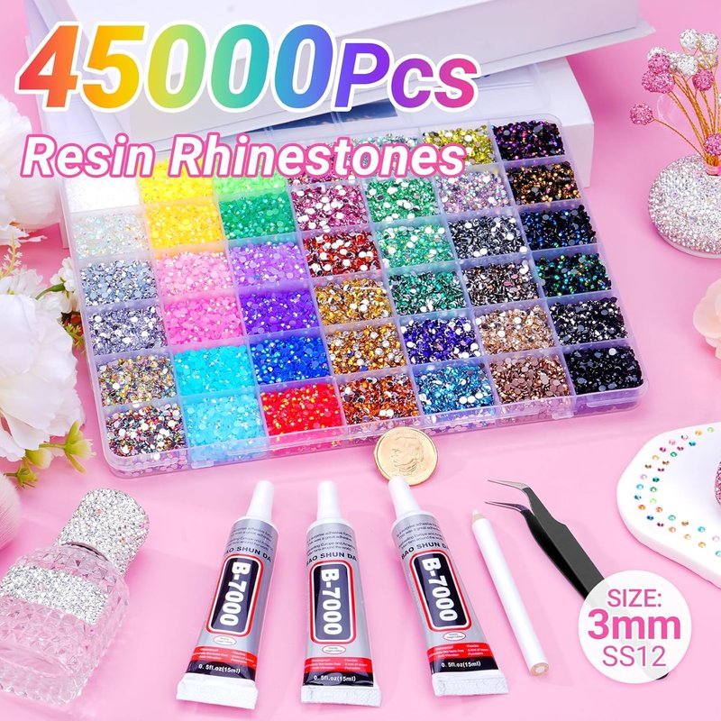 Jelly Rhinestones by 46000Pcs - 42 Colors of 3mm Multicolor Flatback Gems | Crystal Bedazzler Kit with B7000 Glue for Clothing, Shoes, Jewelry, and Nail Art