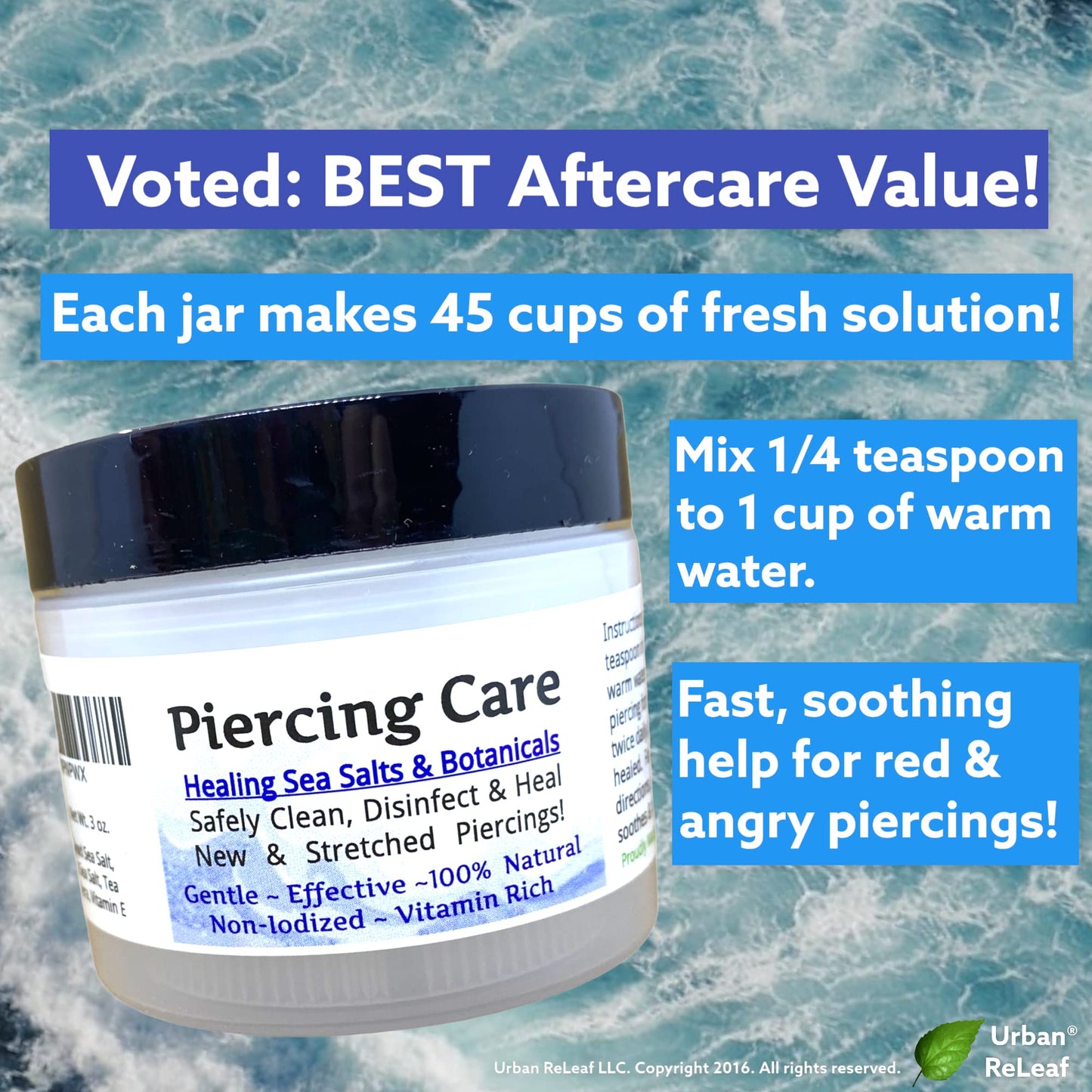 Urban ReLeaf Piercing Care Set of 2 ! Healing Sea Salts, Botanical AFTERCARE ! Safely Clean, Heal New Stretched Piercings. Gentle Effective Non-iodized. Vitamin Rich. Dead Sea Salt & Botanicals