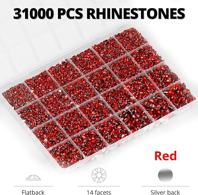 Red Rhinestones Bedazzler Kit - 33,000 Pcs Flatback Crystals, 2-6mm Sizes for Crafting Clothes & Shoes