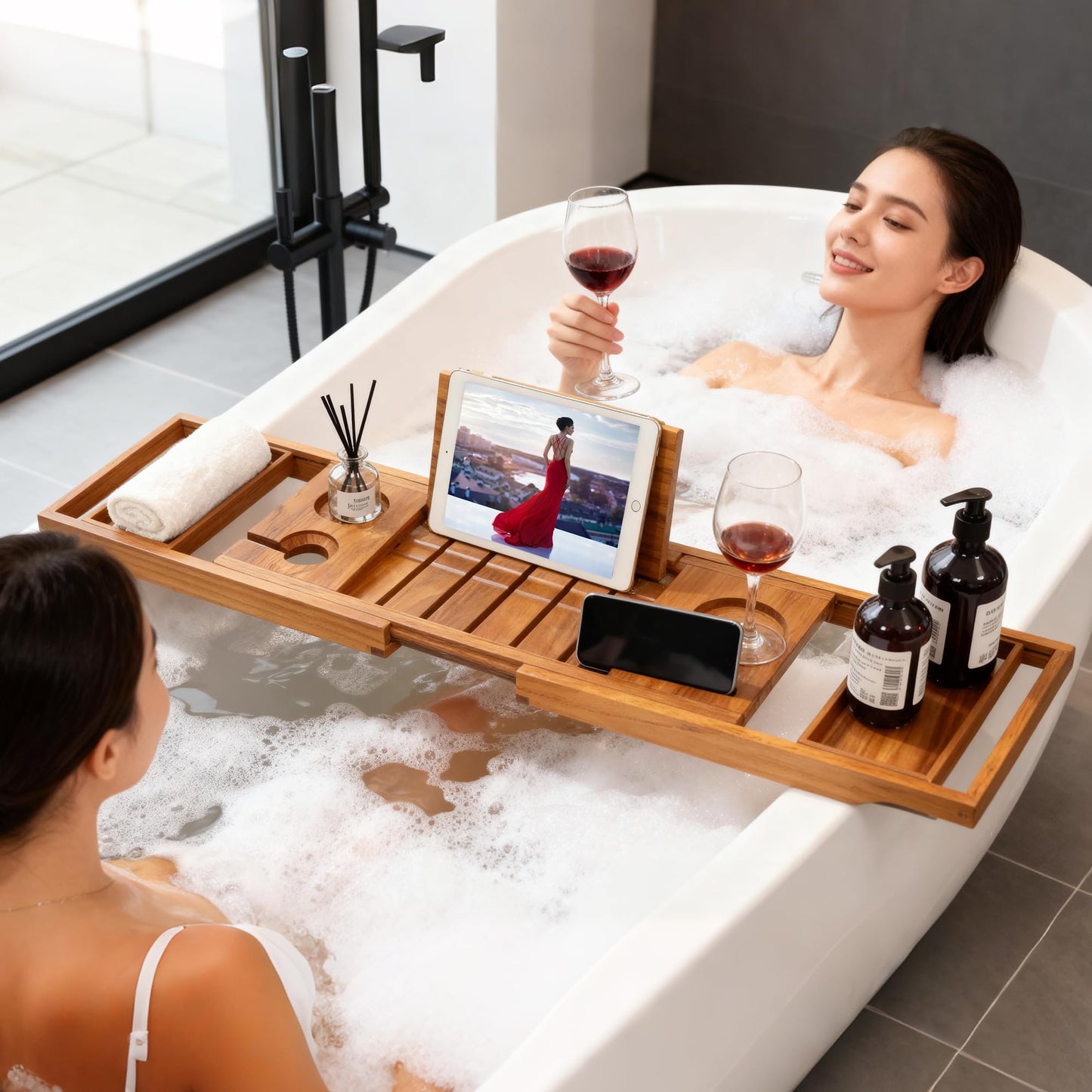 Boflay Expandable Teak Bathtub Tray - Luxury Wooden Bath Caddy & Tub Shelf, Over-The-Tub Bath Table with Book & Wine Glass Holder, Waterproof Bathroom Organizer for Spa Experience