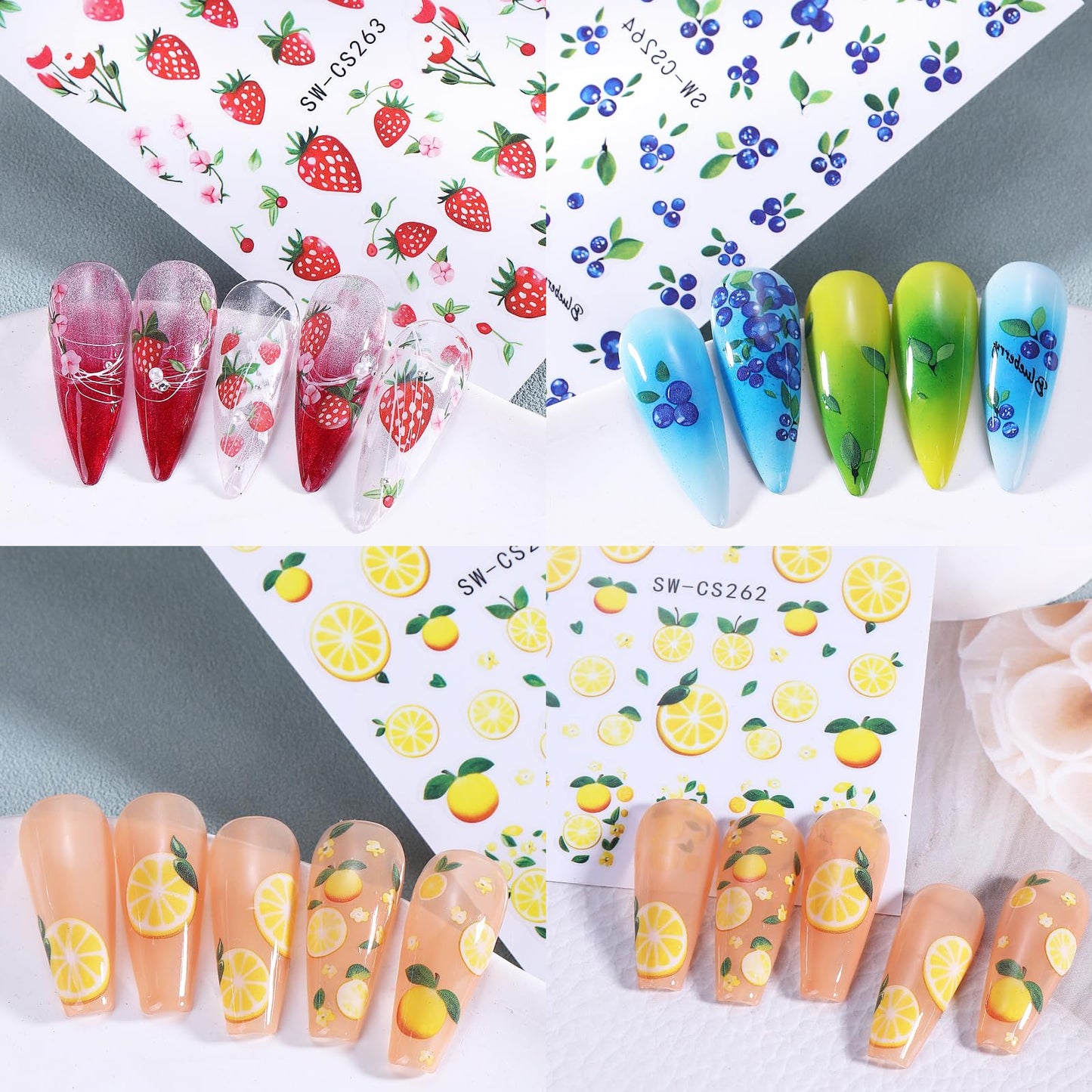 Summer Nail Art Stickers 3D Self-Adhesive Nail Decals Lemon Strawberry Blueberry Stickers for Nails Designs Cute Fruit Manicure Supplies for Women DIY Nail Art Decorations, 5 Sheets