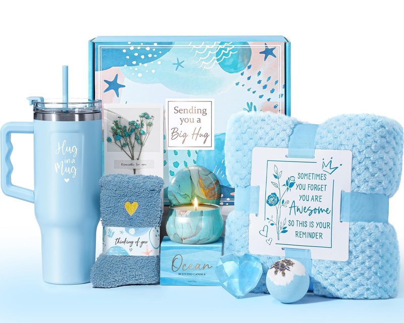 Birthday Gifts for Women Self Care Get Well Soon Gifts, Ocean Relaxing Spa Kit Bath Gift Basket Care Package w/ Flannel Blanket 40 OZ Tumbler, Mother's Day Gift for Mom Her Wife Girlfriend Sister
