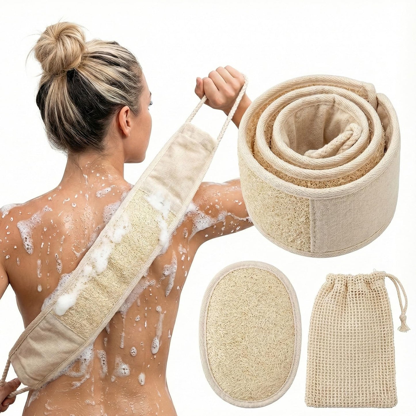 JouiiSiYa Natural Loofah Back Scrubber for Shower for Men and Women, Exfoliating Loofah Sponge with Soap Saver (1Back+1Pad+1Bag)