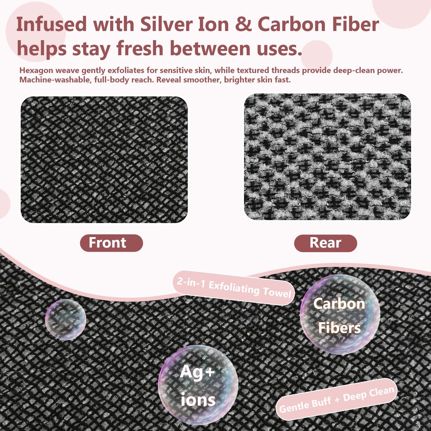 Miracle TQ Exfoliating Shower Towel 48" Dual-Sided Washcloth, Body & Back Scrubber w/Hexagon Woven, Silver Ion, Carbon Fiber, Deep-Cleansing, Quick-Drying, Rip-Resistant, All Skin Types (Black（1PC）)