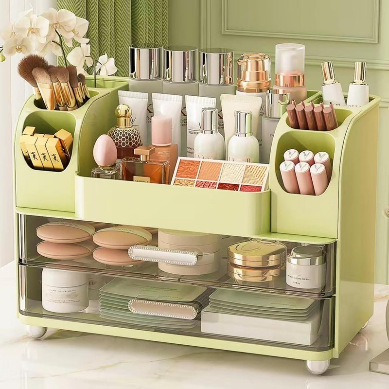 Makeup Organizer with Drawers - Vanity & Bathroom Countertop Storage for Brushes, Skincare & Cosmetics | Green