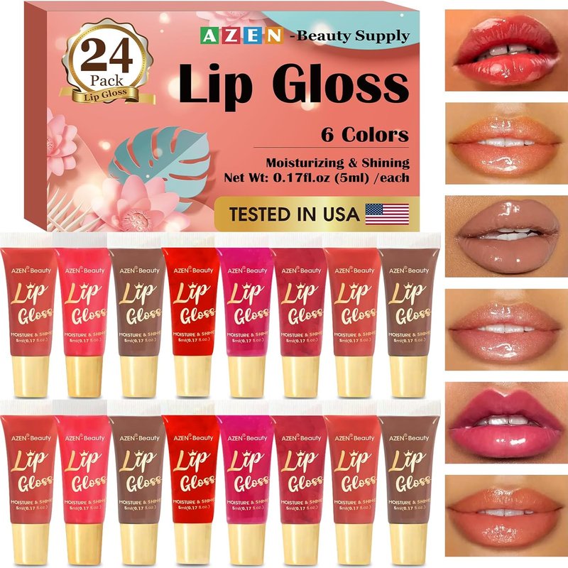 AZEN Lip Gloss Set - 24 Pack Colorful Lip Oils for Moisturizing & Hydrating Dry Lips | Perfect Mother's Day Gift