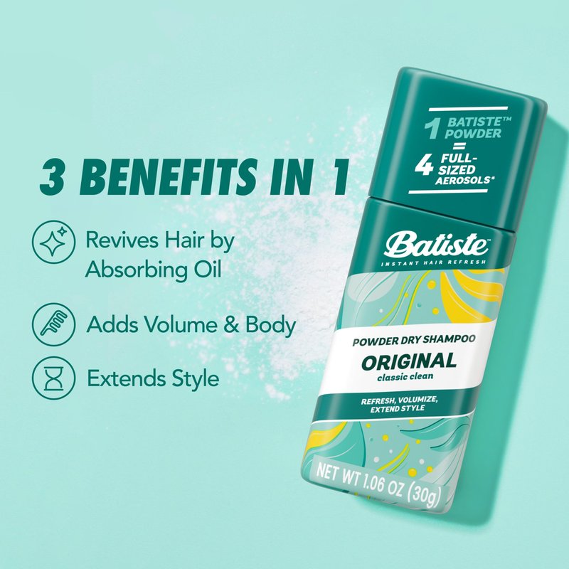 Batiste Powder Dry Shampoo, Oil-Absorbing, Non-Aerosol, Blends Seamlessly, Original Scent, Instant Hair Refresh, TSA Compliant (1.06 oz)