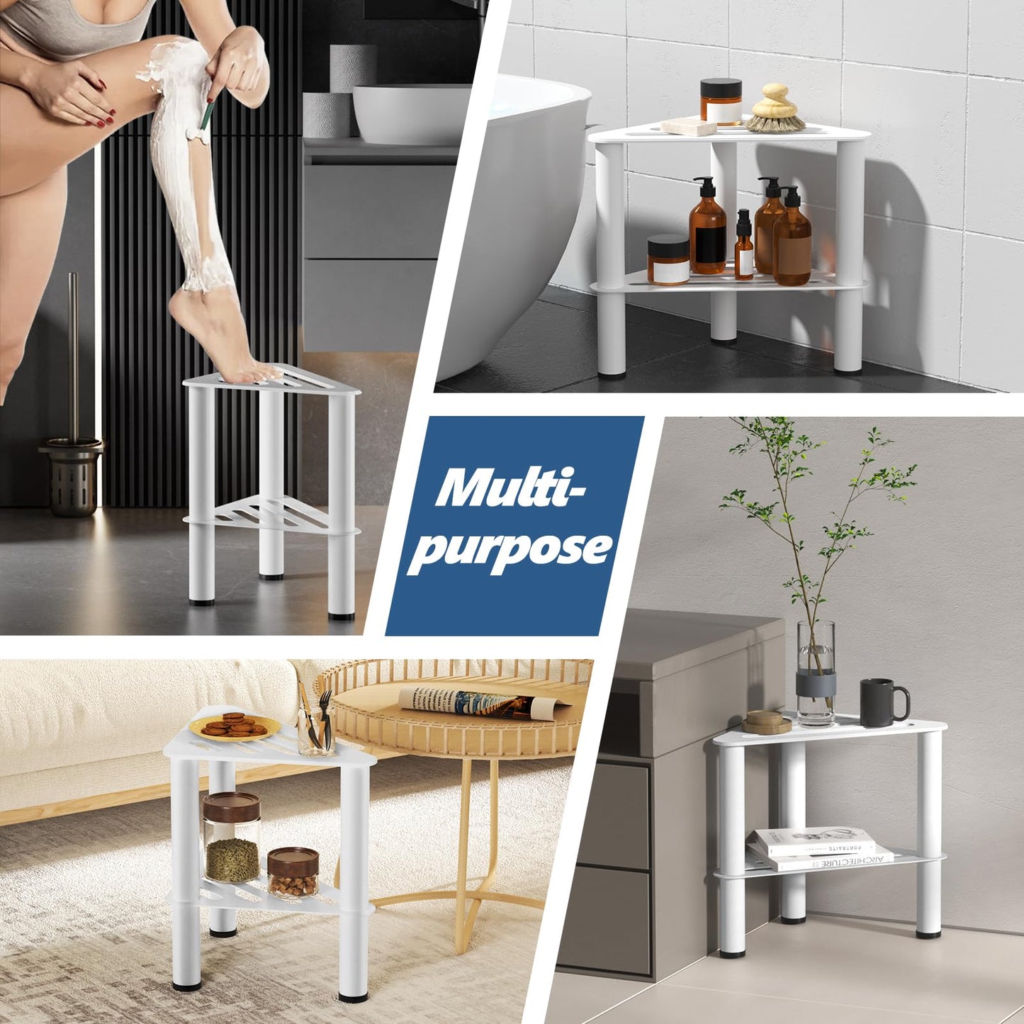 WINSTECK Upgraded Rust-Proof Metal Corner Shower Foot Stool for Shaving Legs, Shower Foot Rest Bench for Inside Shower with Storage Shelf, Small Step Stools, Non-Slip Bath Stool (White)