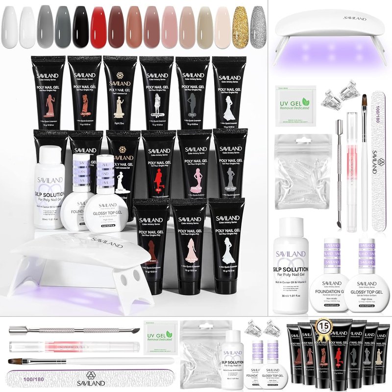 SAVILAND Poly Extension Gel Nail Kit - 15 Hema-Free Colors | Long-Lasting UV Light & Slip Solution for DIY Nail Art