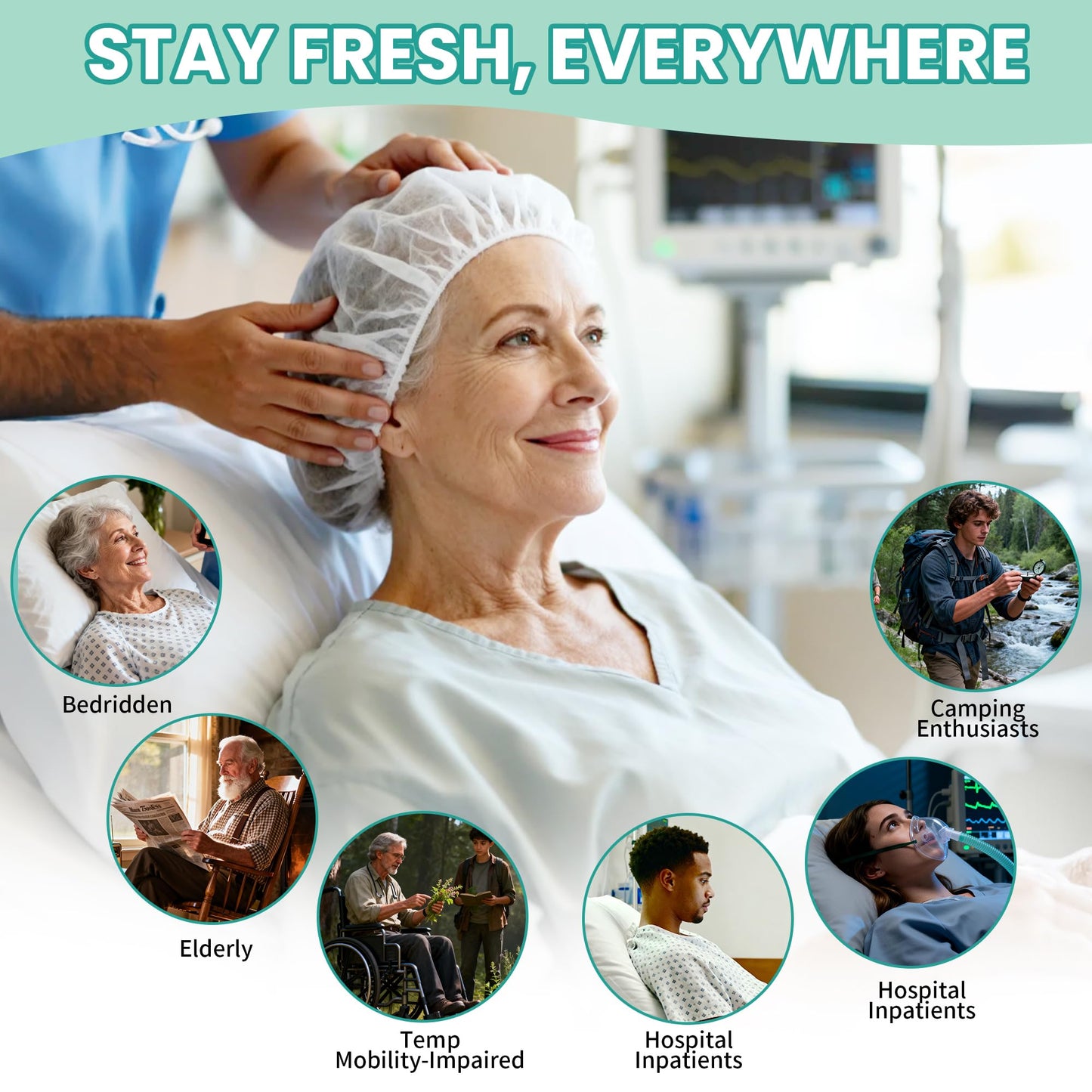 Shampoo Caps No Need Rinse for Bedridden, Post Surgery Patients, Rinse-free Hair Wash Caps for Elderly, Hospital Inpatients, No Need Rinse Shampoo Cap for Temp Mobility-Impaired Camping Enthusiasts 8P