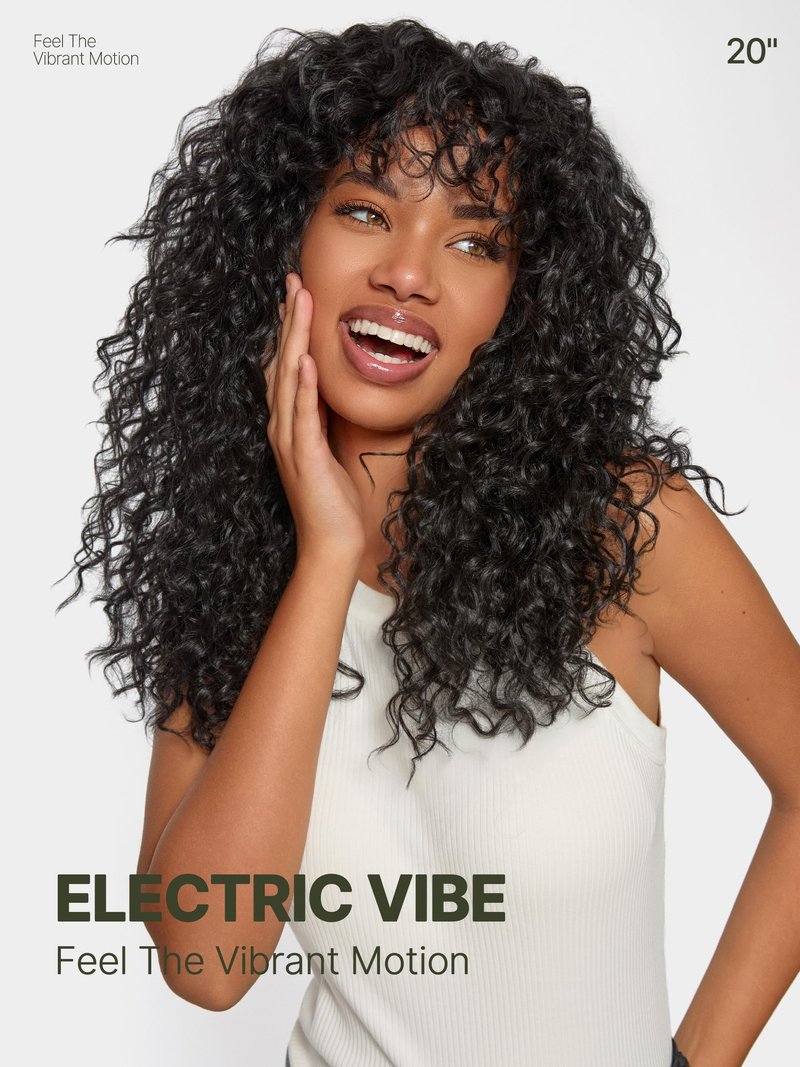 Frodio Veralux Fiber Blend Human Hair 20 Inches Shaggy Curl with Bangs Wig 200% Density Wigs Natural Black Ready to Go Glueless Wig for Women Realistic Look with True Scalp