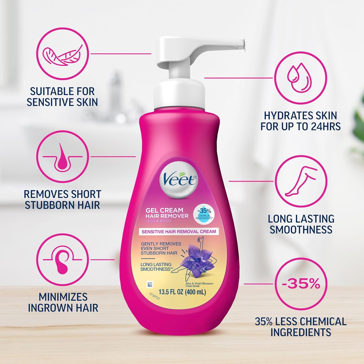 Veet Sensitive Skin Hair Removal Cream - Quick 5 Min Formula for Legs, Arms & Bikini Line | 13.5 FL OZ Pump Bottle, Pack of 4