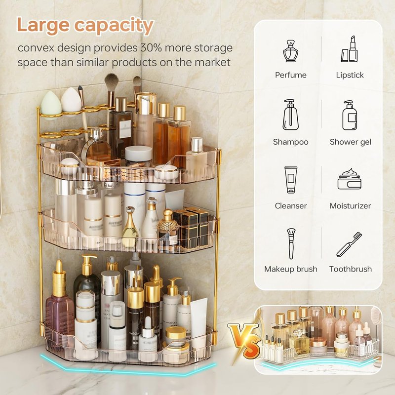Corner Bathroom Counter Organizer - Acrylic Makeup & Toothbrush Holder | 3-Tier Amber Skincare Storage