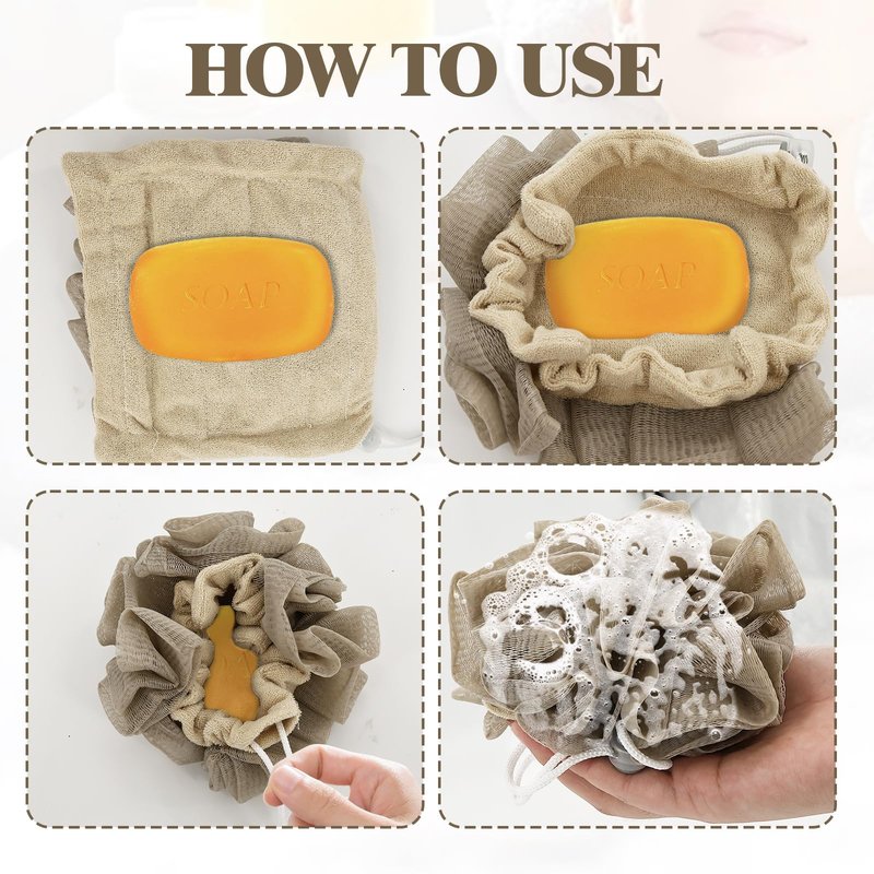 3 PCS Soap Bar Loofah that Holds Bar Soap-Exfoliation Mesh Shower Ball,2 in 1 Bath Loofah Sponge with Drawstring (Coffee, Khaki, White)