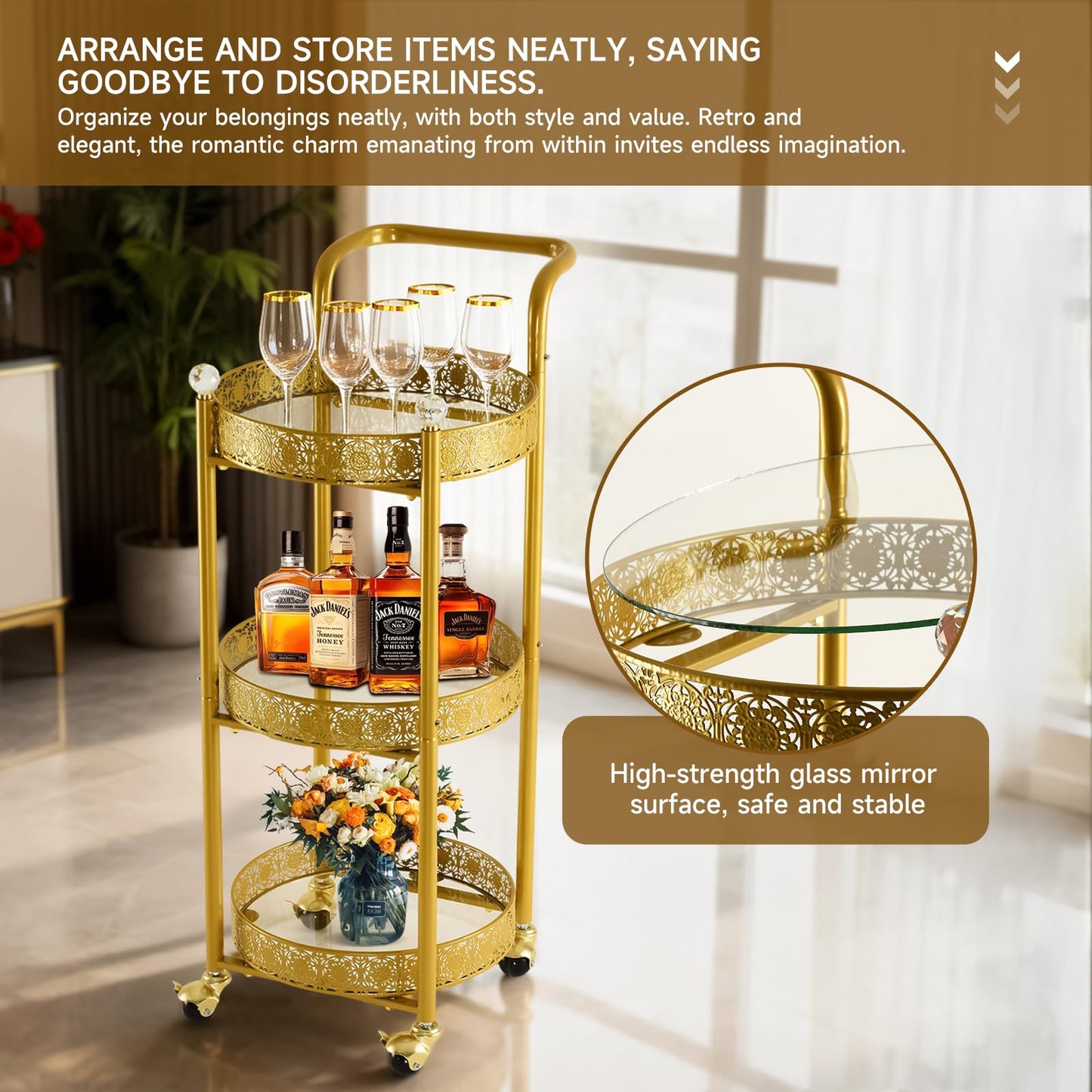 taotanra Multi-Functional Mobile Trolley Golden bar cart is Suitable for Home bar Service, Featuring a Rolling bar cart with Lockable casters, a Glass bar cart with 3 Mirror Holders