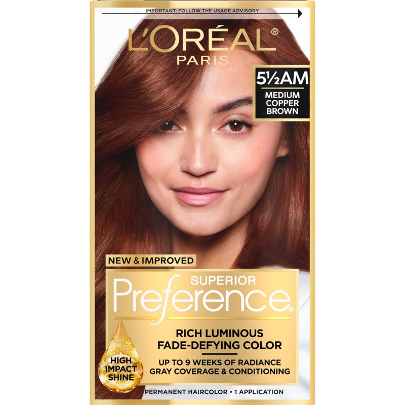 L'Oreal Paris Superior Preference Luminous Fade-Defying Permanent Hair Color, Hair Dye For Up to 9 Weeks of Radiance, Medium Amber Copper Brown 5.5AM, 1 Hair Dye Kit