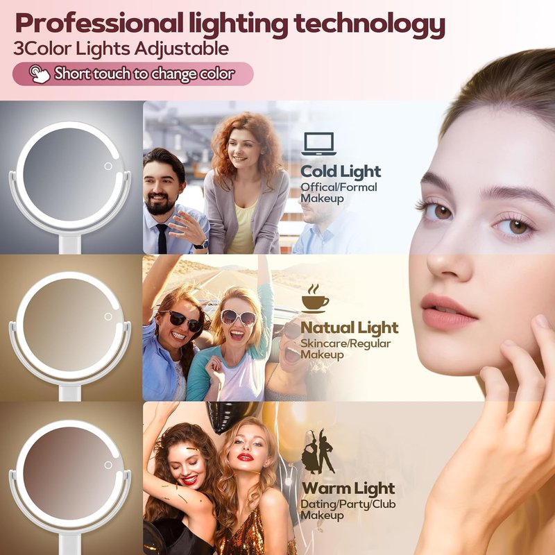 Makeup Mirror with Lights - 30X Magnifying & Height Adjustable | 3 Light Modes, Stepless Dimming, White Vanity Mirror