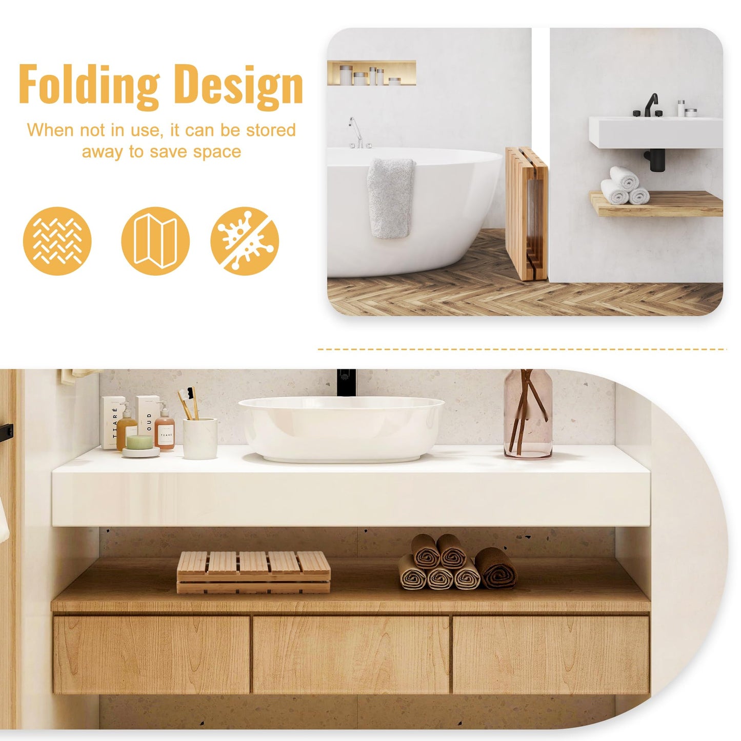 Foldable Bamboo Bath Mat for Shower, 19.68" x 14.17" in Non-Slip Wood Bathroom Rug, Quick-Dry Waterproof Carpet for Indoor Outdoor Use by Sink, Tub, Pool