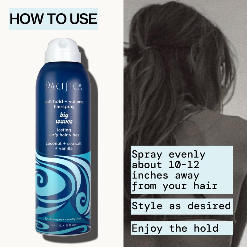 Pacifica Big Waves Coconut, Vanilla & Sea Salt Hairspray – Soft Hold Wavy Hair Texture Spray – Adds Volume & Controls Frizz, Travel Size Beach Hair Essential for Women – Vegan & Cruelty-Free – 6oz