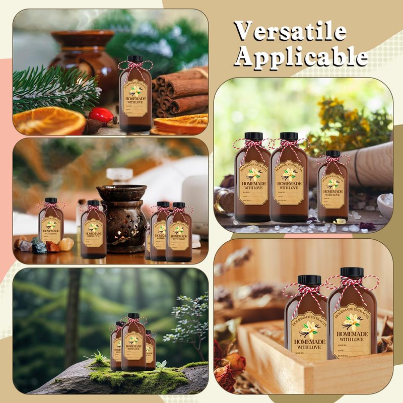 Amber Glass Bottles Set - 8Pcs 4 oz Round Bottles with Caps, Stickers & Funnel | Ideal for Extracts, Syrups & Oils