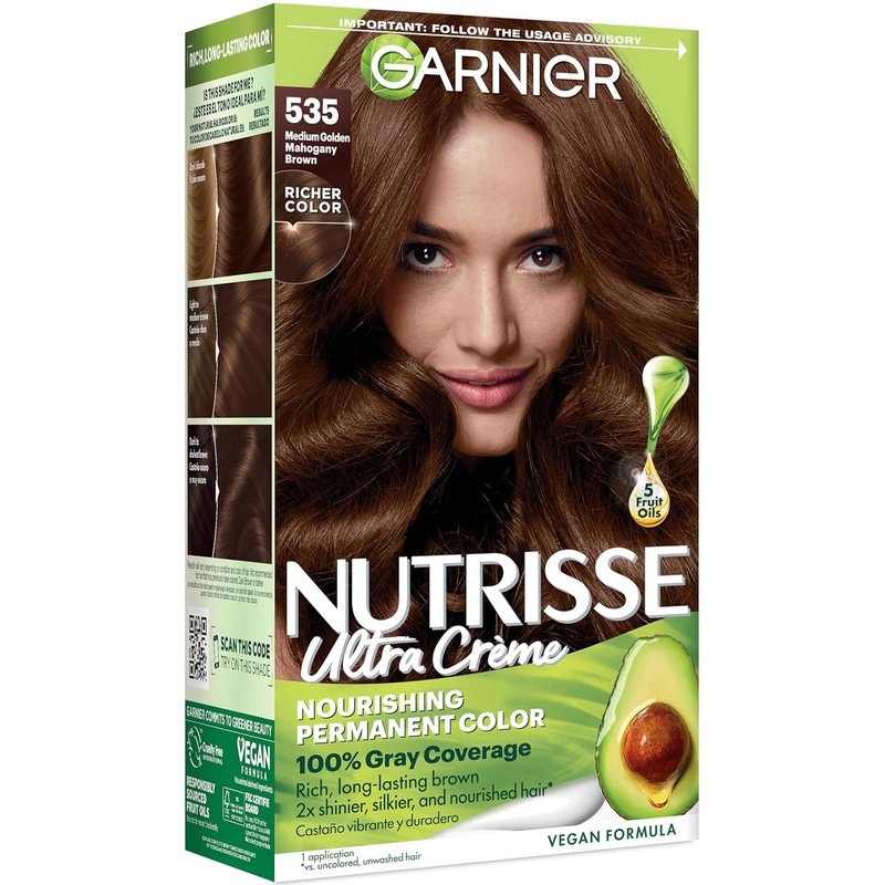 Garnier Nutrisse Ultra Crème Hair Color - 100% Gray Coverage, Vegan & Cruelty-Free, 535 Medium Gold Mahogany Brown
