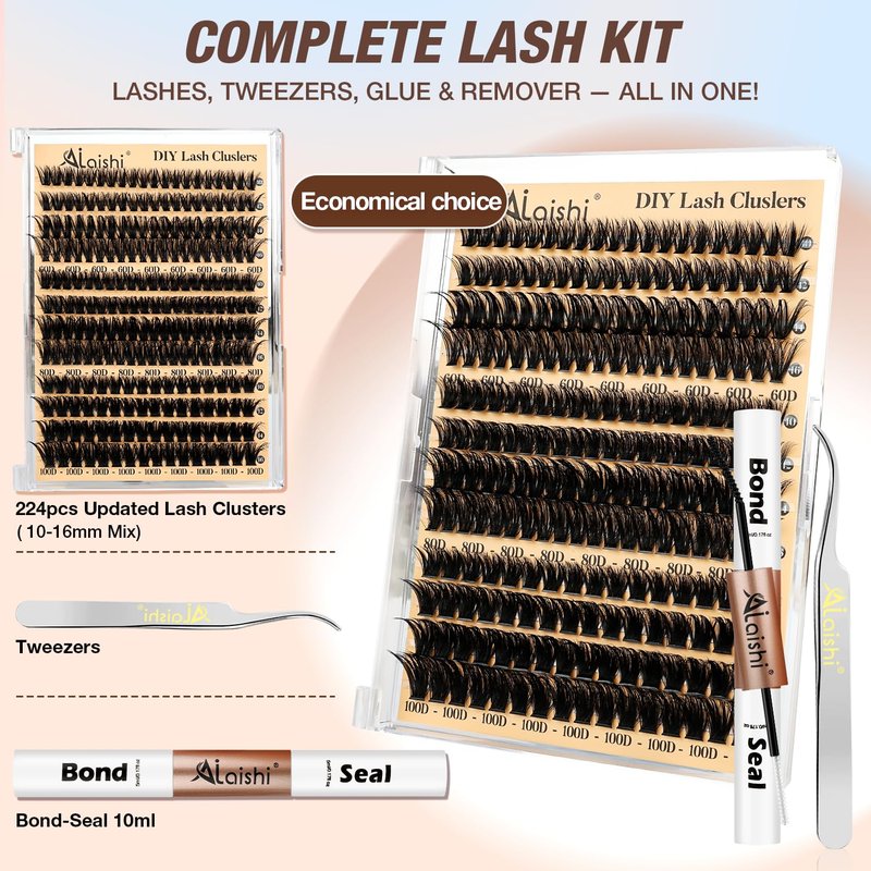 DIY Cluster Eyelash Extensions Kit - 224pcs Fluffy D Curl Lashes 9-16mm | Includes Bond, Seal & Tweezers